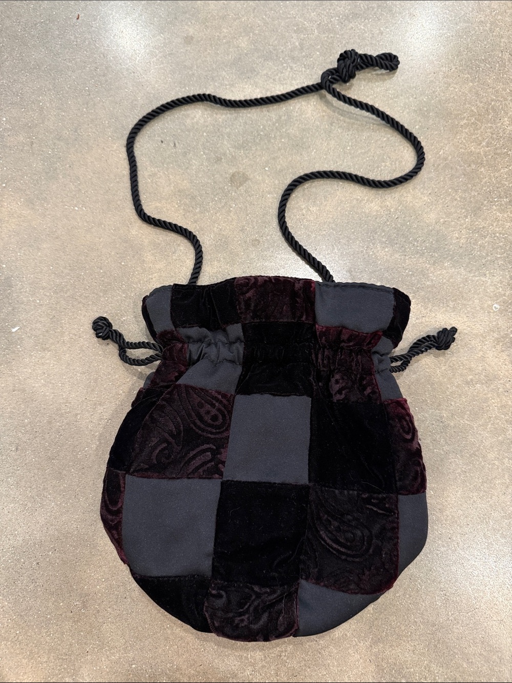 Patchwork Velvet Drawstring Mini Bag - Black